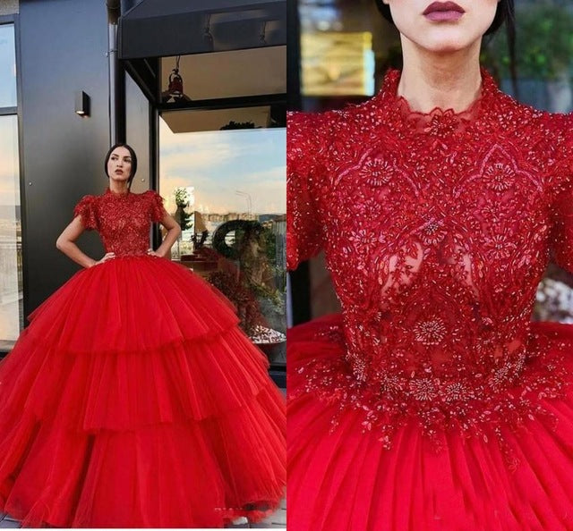 red ball gown prom dresses lace ...